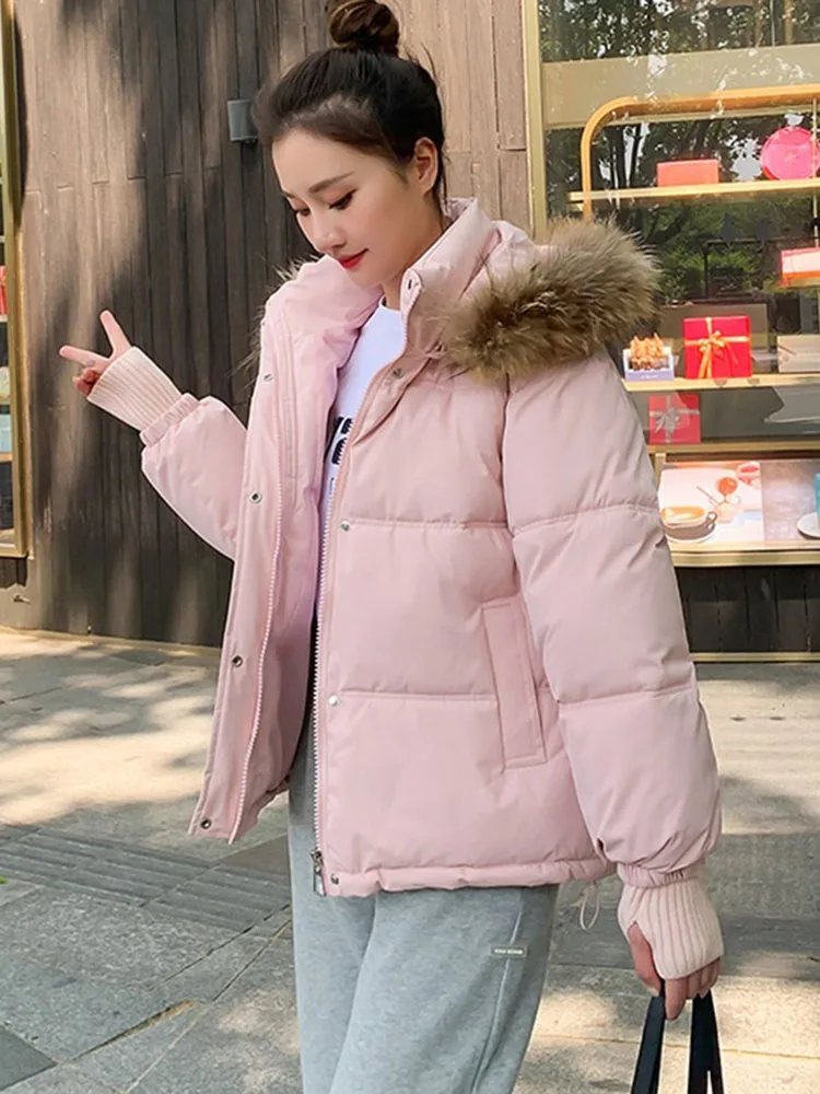 Safari Style Parker Coat Women Winter Short Outdoor Cotton-padded Jacket High Quality Fur Collar Hooded Outerwear Loose Overcoat