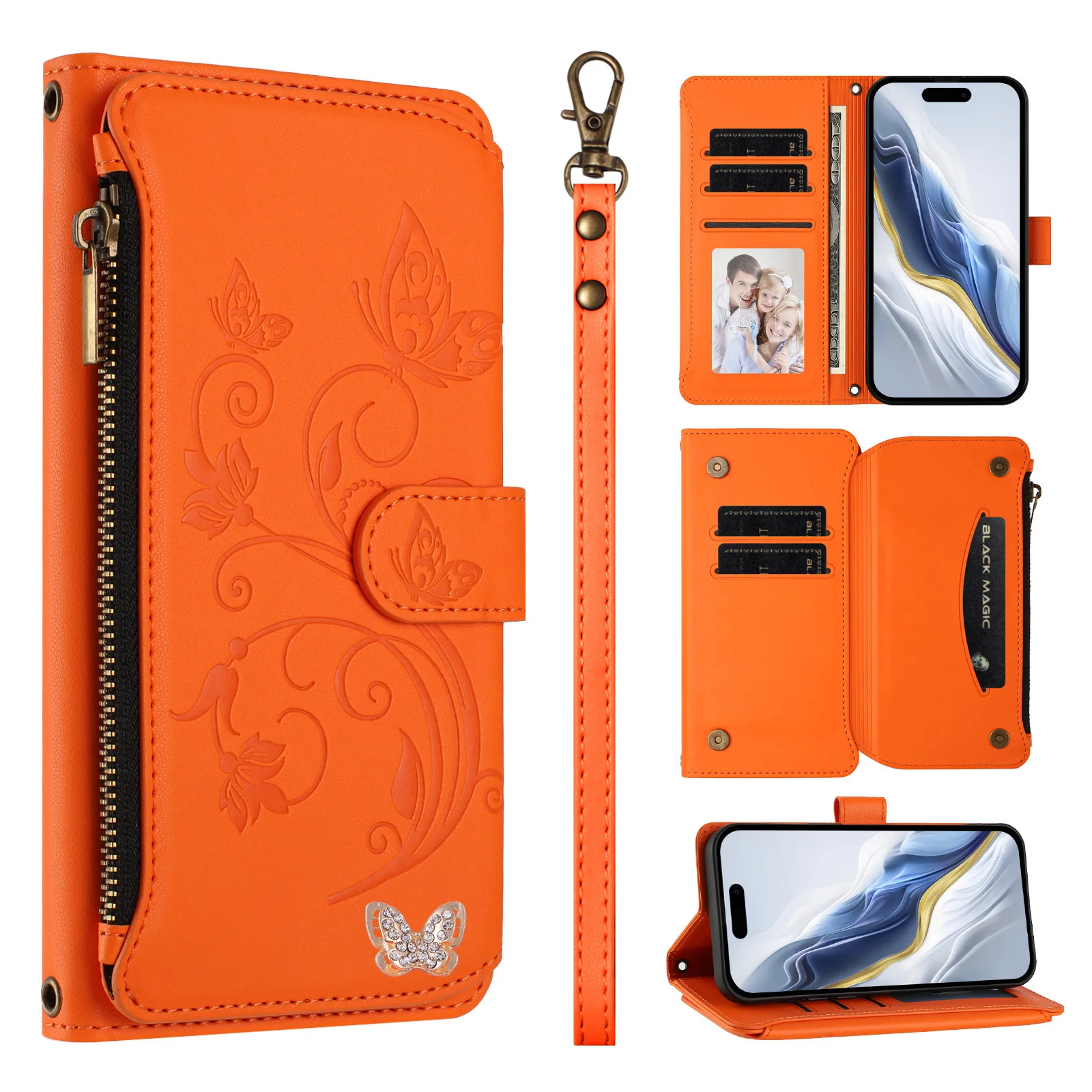Wrist Zipper Wallet Case with Wireless Charging Leather Flip Cover and 5 Card Slots