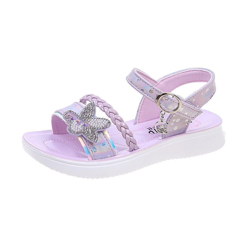 Girls Sandals 2022 Summer New Sweet Princess Kids Fashion Princess Solid Children Soft PU Rhinestones Flower Shine Party Shoes girls leather shoes Children's Shoes