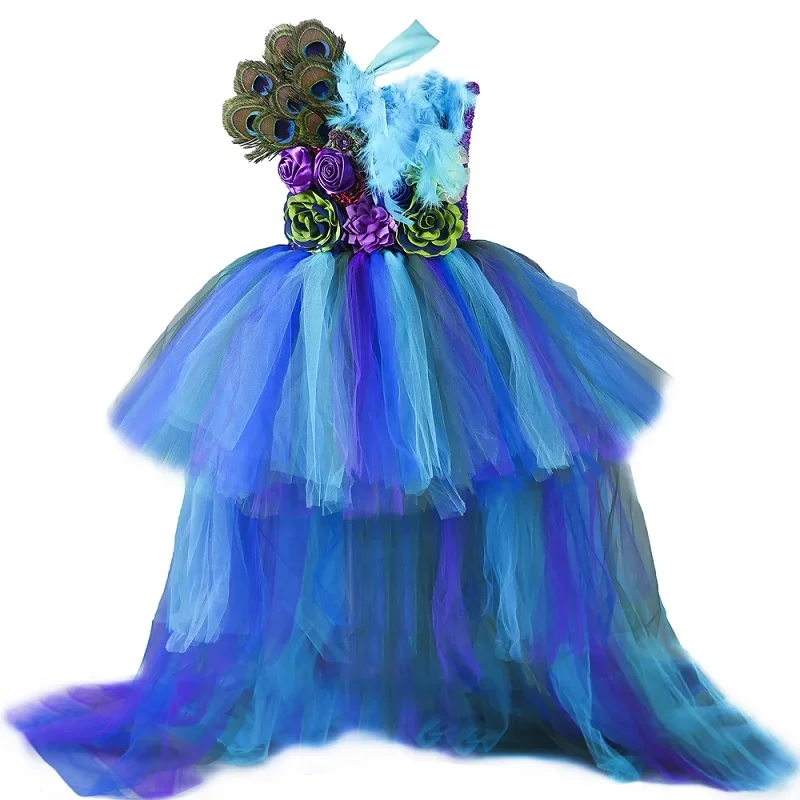 thumbnail image 1 of Vestido de tul con tutú de pavo real para niñas, vestido de princesa con cola larga y plumas de flores, vestido de fiesta de Halloween para niños, 1 of 5