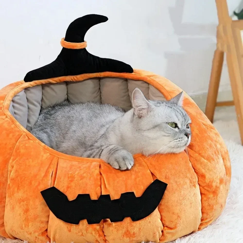 Kürbis Katzenbett Halloween - Warmes Schlafhaus Mit Abnehmbarem Kissen Für Katzen & Kleine Hunde