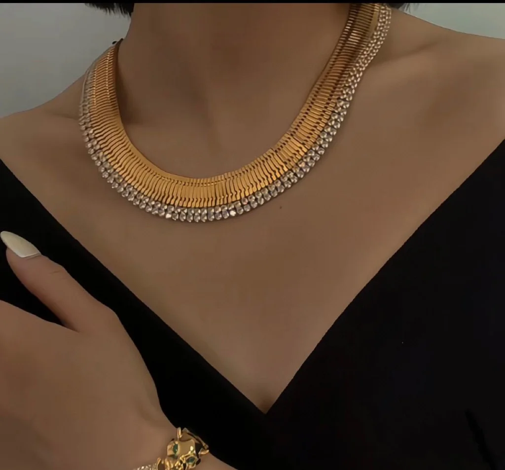 

Vintage Chunky Snake Chain Zirconia Band Necklace Runway Party T Show Fancy Trendy Boho INS Japan Korea