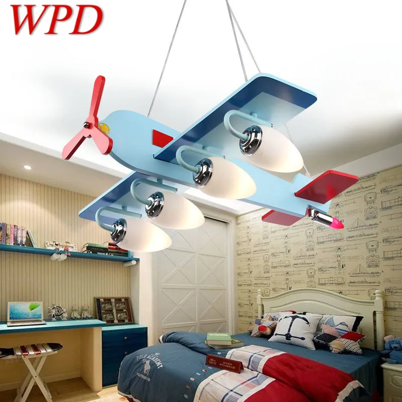 

WPD Children's Airplane Pendant Lamp Vintage LED Modern Creative Blue Cartoon Light For Decor Kids Bedroom Kindergarten