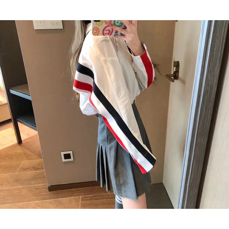 TB New Men and Women Couples Hit Color Ribbon Striped Loose Long-Sleeved Shirt Simple Casual College Style Tops Autumn 2023 autumn new college tb suit couples men s and women s jackets suits