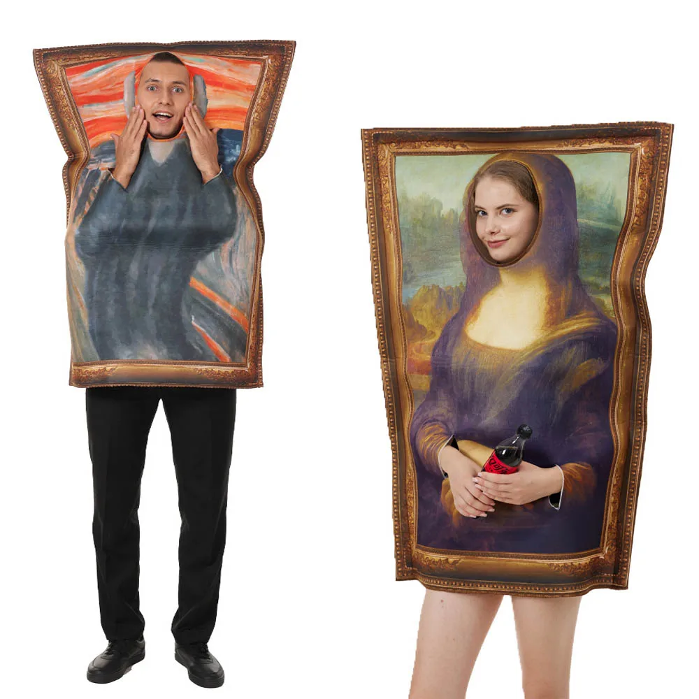 

Funny Mona Lisa Mural Costume For Adult Unisex Sponge Jumpsuit Halloween Party Costume Classic Cosplay Carnival Fancy Dress