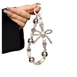 Silver Bow Beaded Phone Lanyard with Crystal Accents and Clear Patch (Silver Bow Tie)