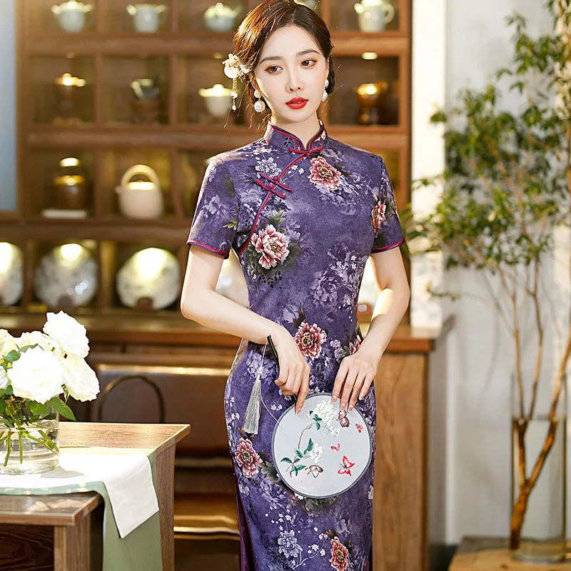 

2023 Spring Autumn New Chinese Style Cheongsam Mid-length Slit Improved Cheongsam Personality Floral Peony Qipao Evening Dress