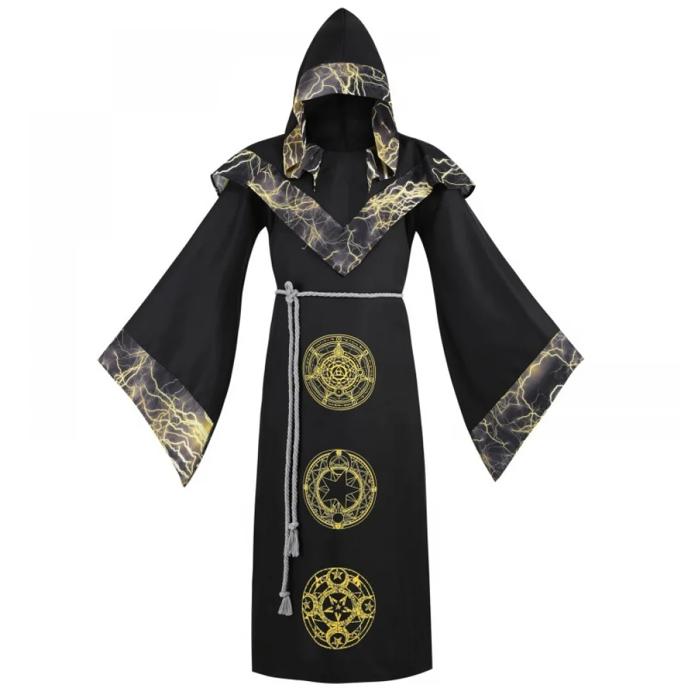 thumbnail image 1 of Capa medieval con capucha para hombre, disfraz de hechicero pagano, bruja y mago con estampado dorado, para Halloween, carnaval, fiesta, túnica gótica, 1 of 4
