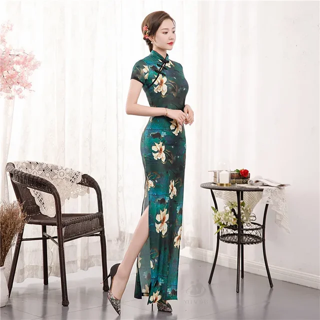 Sexy Vintage Qipao Long Ladies Dresses Chinese Style Maxi Dress Women Vestidos Bodycon Cheongsam Elegant Summer Woman Clothing 2
