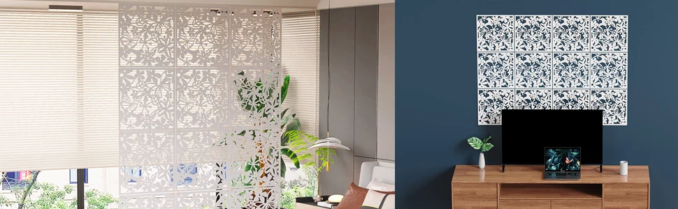 12PCS Partition Wall Room Divider Hollow Flowers Hanging Screen, Hanging Room Divider Screens Made, For Decoration Home,White