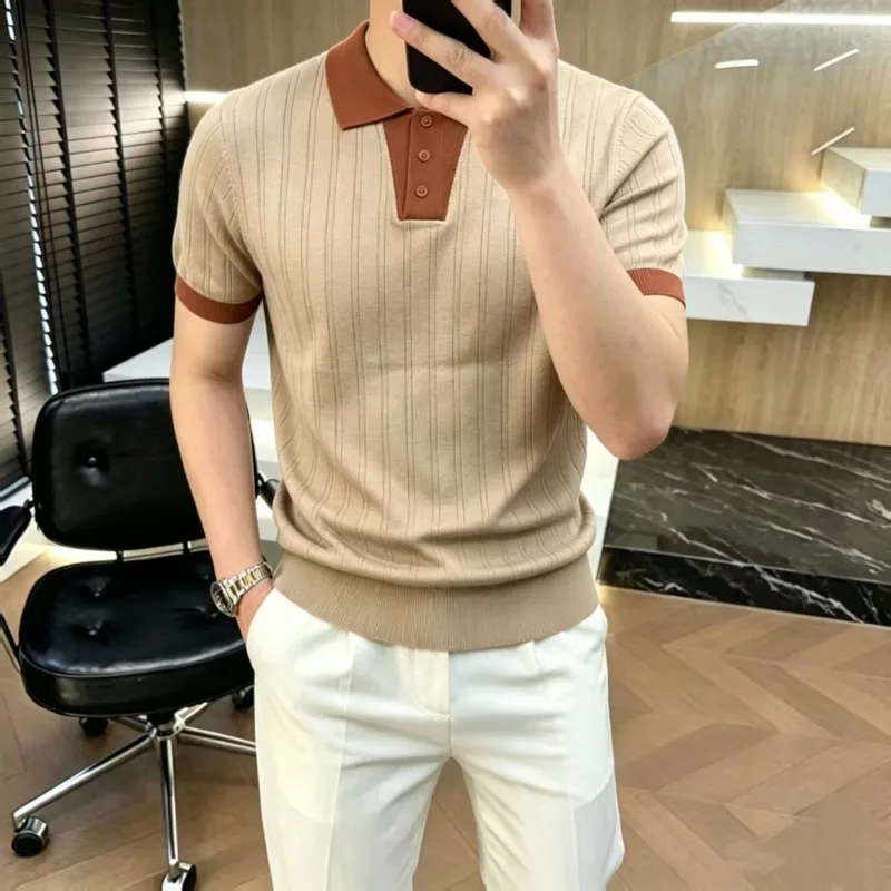 Polo in maglia di lusso estiva 2026 da uomo, a maniche corte, casual, elegante, con inserti, per affari e occasioni sociali, abbigliamento uomo - immagine 2