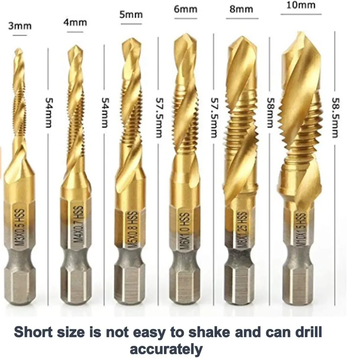 6PCS Screw Tap Drill Bits Set HSS Taps Woodworking Metric Combination 1/4" Quick Change Hex Titanium Bit M3 M4 M5 M6 M8 M10