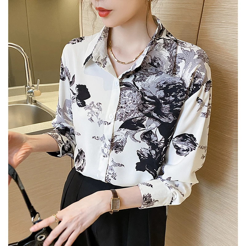

Chiffon Women's Shirt Summer 2023 New Chiffon Blouses Loose Fit Long Sleeves Top Polo Neck Ladies Casual Clothing Ropa de Mujer