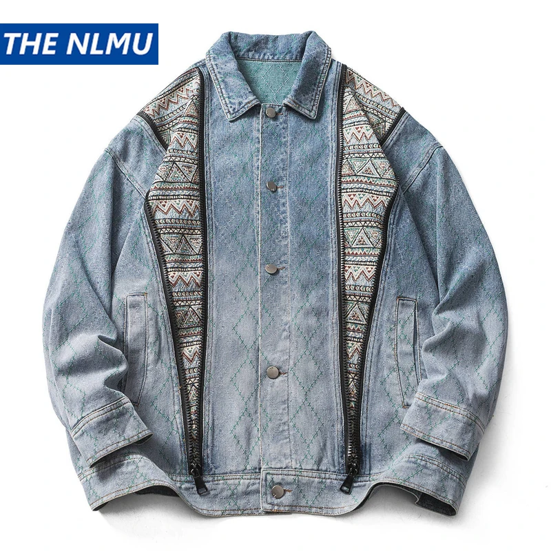 

Vintage Denim Jacket Men HipHop Streetwear Retro Graphic Patchwork Jean Jacket Cotton 2023 Harajuku Varsity College Coat