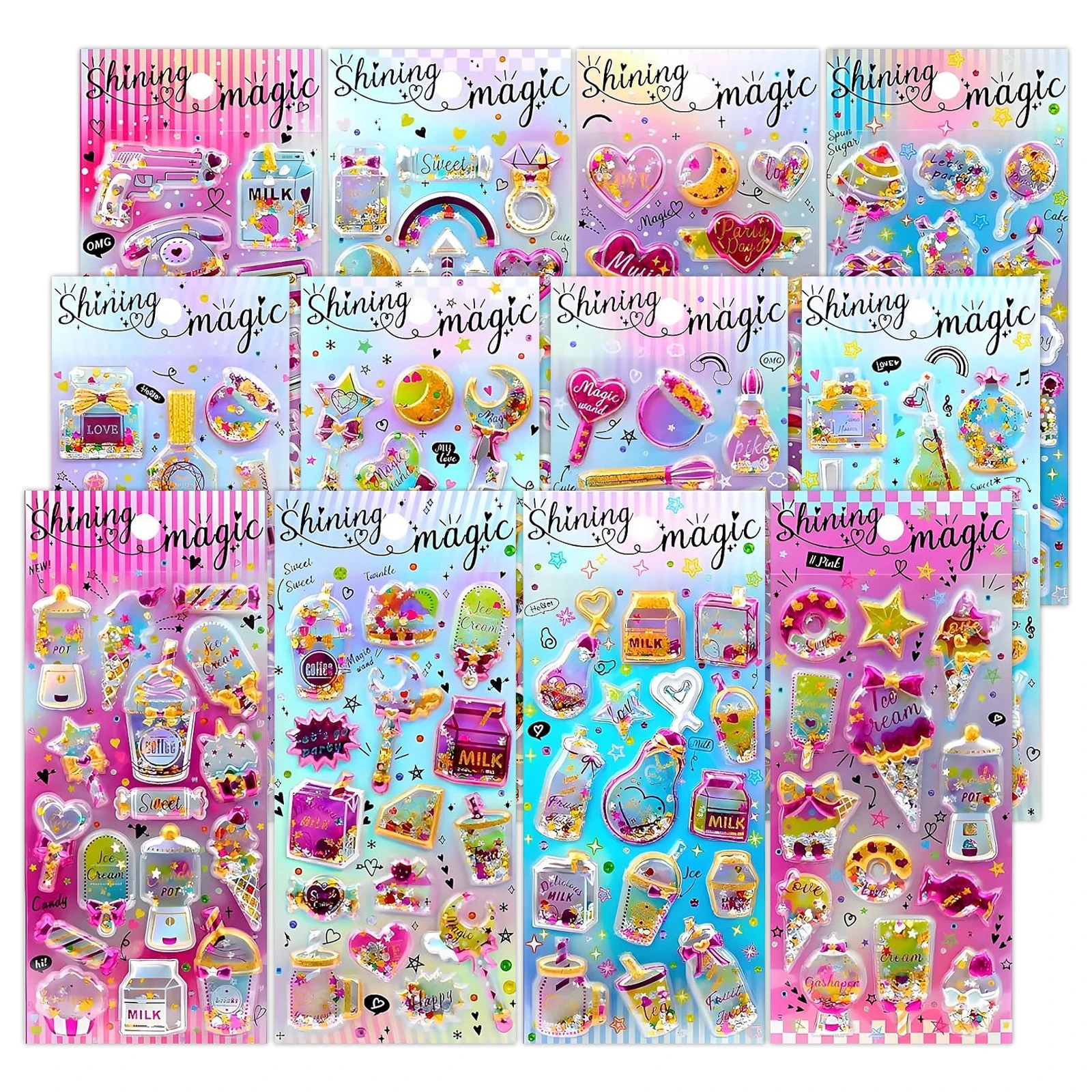 3D Glitter Puffy Stickers 6 Sheets - Scented Shaking Beads Gem Embellishments