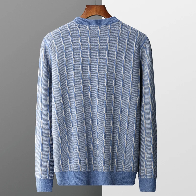 Cashmere Men's O-Neck Pullover Top Autumn Winter Contrast Twisted Sweater 100%  Wool  Fashion Luxury Jacket