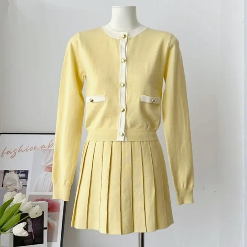 

Женский трикотажный комплект из 2 предметов, повседневный небольшой кардиган и плиссированная юбка, Осень-зима