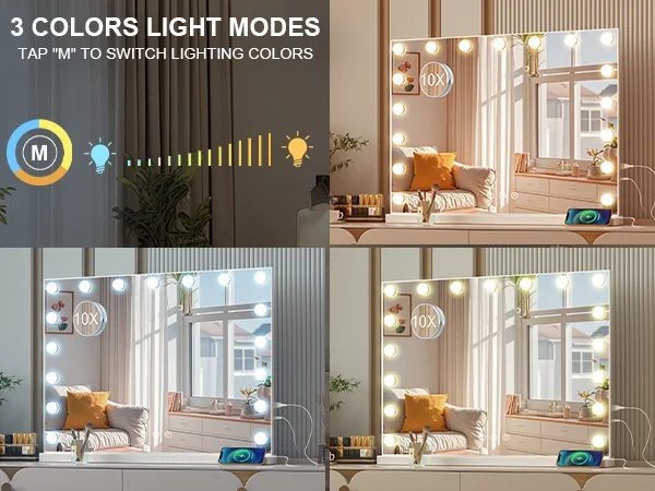 Teousev Hollywood Vanity Makeup Mirror with 9/14/17 LED Bulbs 3 Color Dimmable Lights USB Charging Port Touch Control Tabletop