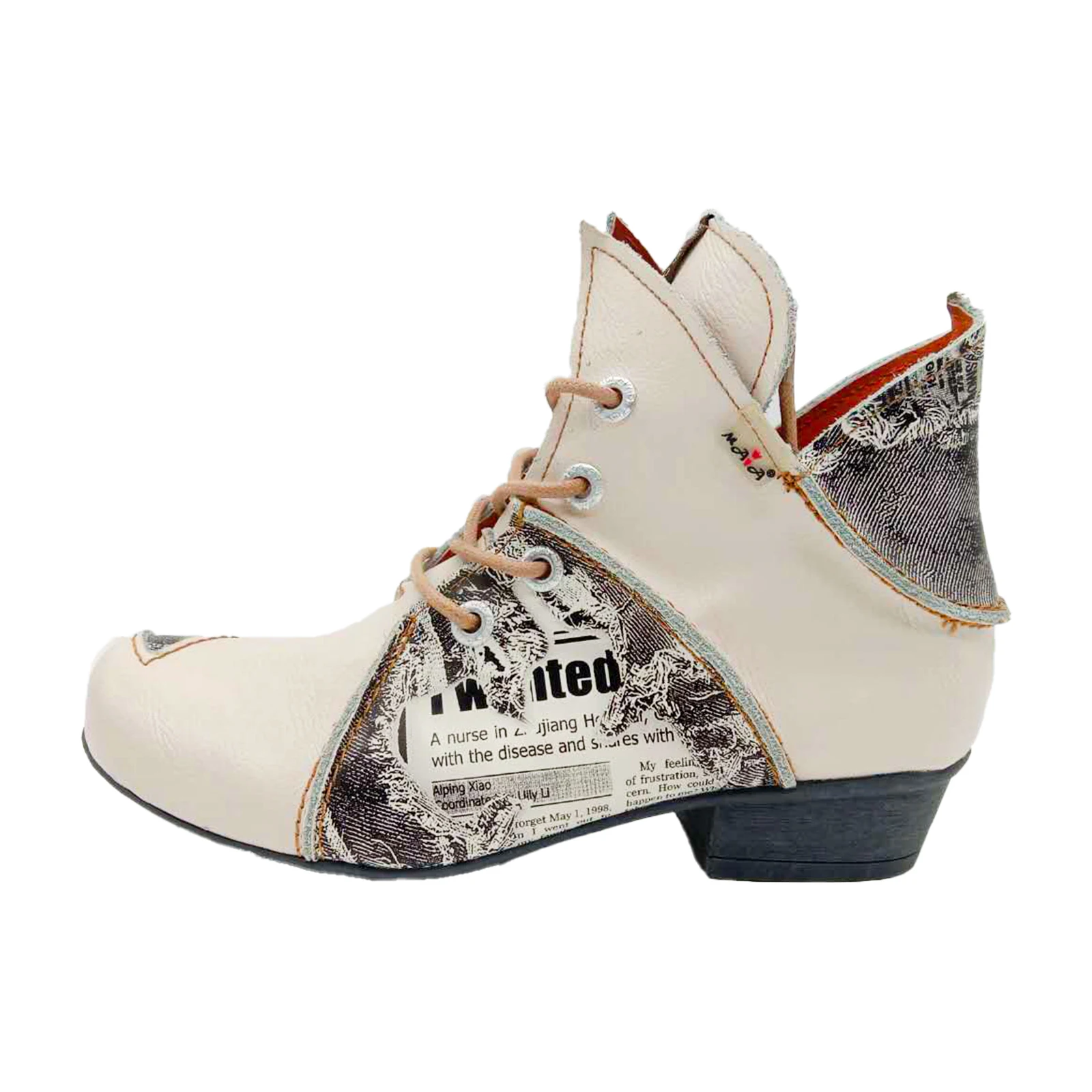 

Lace Up Newspaper Print Leather Women's Ankle Boots