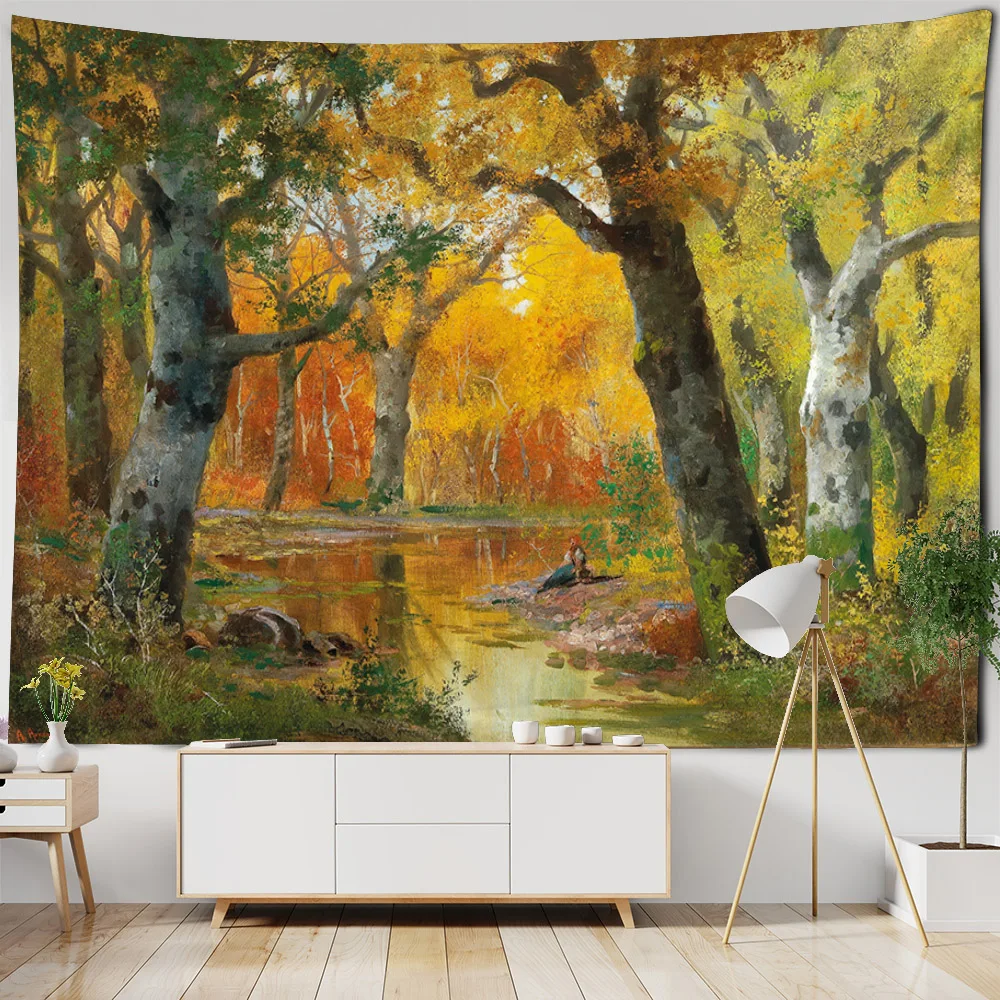 European style landscape oil painting tapestry, home wall hanging fabric, Bohemian, aesthetic, living room, bedroom decoration