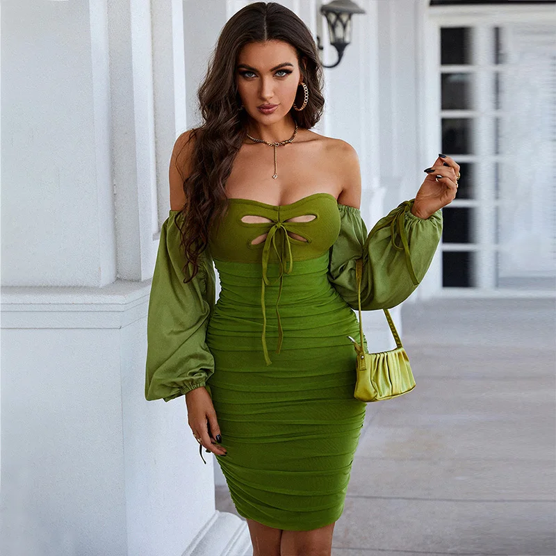 

2022 Sexy Off Shoulder Mesh Ruched Key Hole Green Black Women Winter Bodycon Bandage Dress Fashion Evening Party Dress Vestido