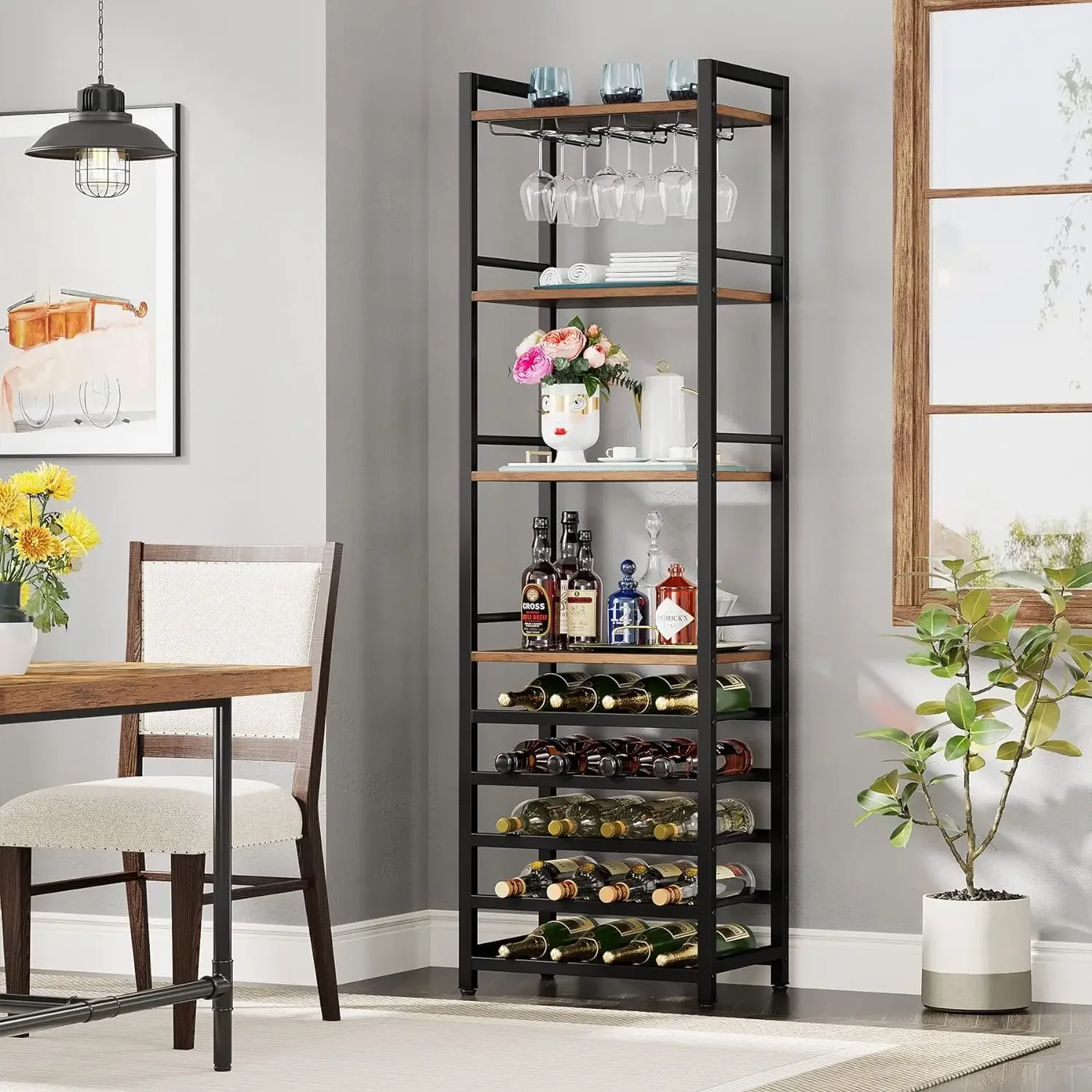 Tribesigns 20 Bottle Wine Bakers Rack, 9 Tier Freestanding Wine Rack with Glass Holder and Storage Shelves