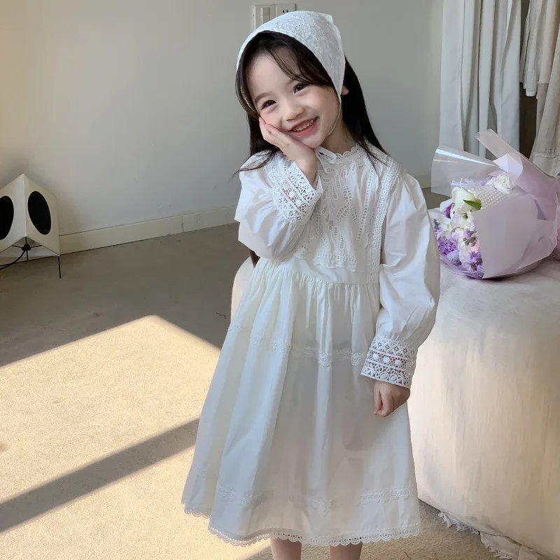 

Baby Girls White Princess Dress Little Girl Boutique Dresses Spring 2024 Kids Cotton Frock Children Casual Long Sleeve Clothing