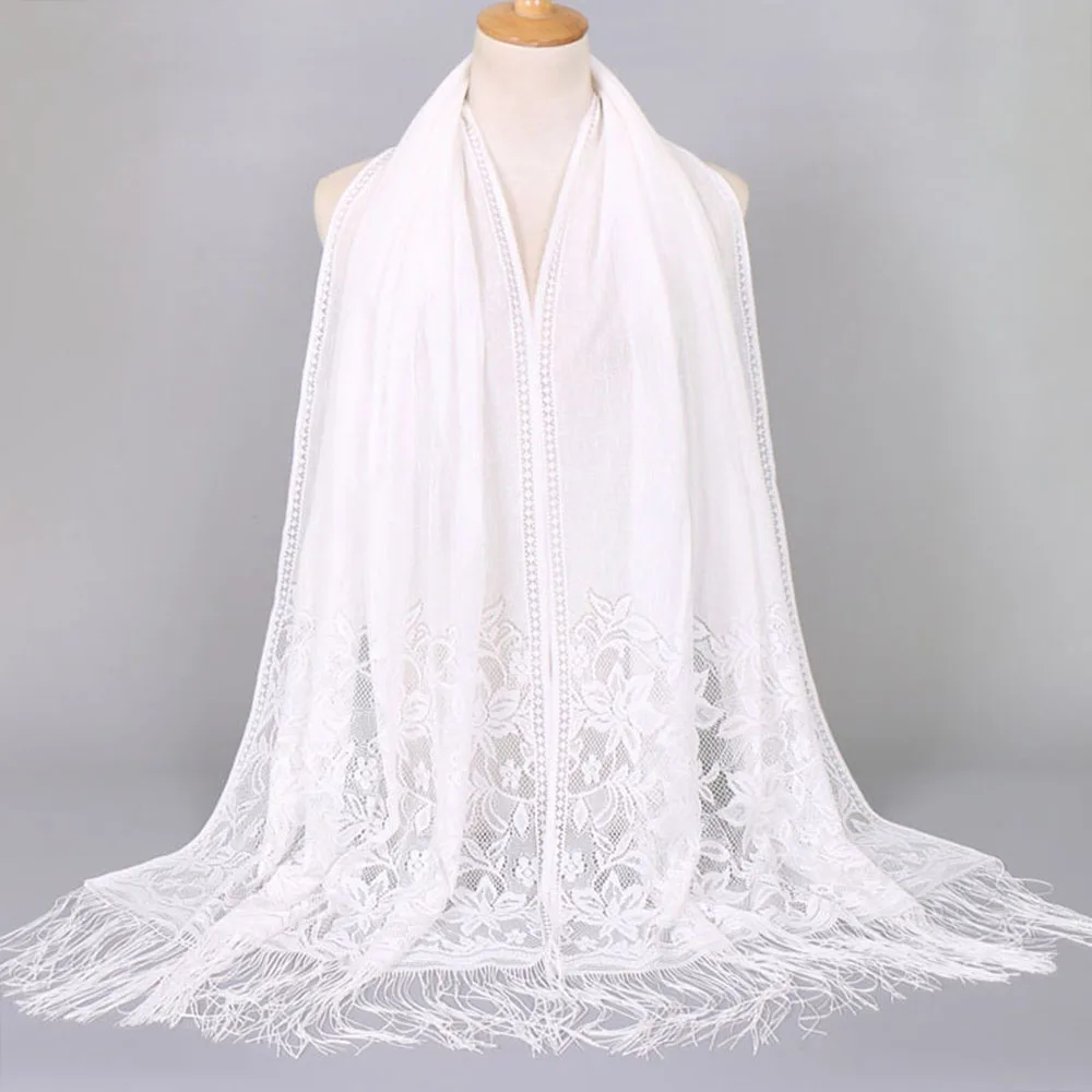 

Lace Edges Scarf Hijab Woman Plain Maxi Shawl Wrap Flower White Foulard Soft Cotton Muslim Hijabs Scarf Catholic Veil Head Scarf