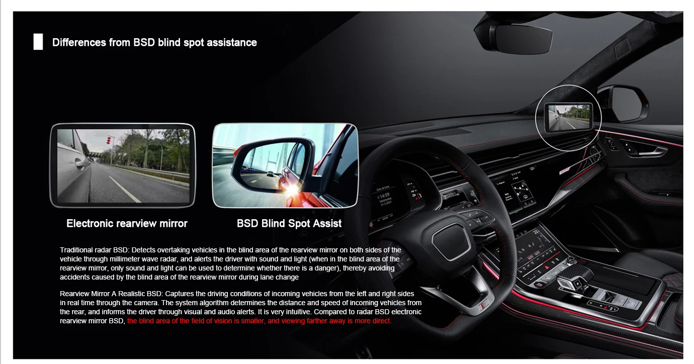 شاشة مرآة جانبية رقمية نظام كاميرا الرؤية الخلفية الجانبية Pro مع كاميرا 1080P 60FPS DVR AI BSD إنذار 5.5 بوصة IPS تعمل باللمس