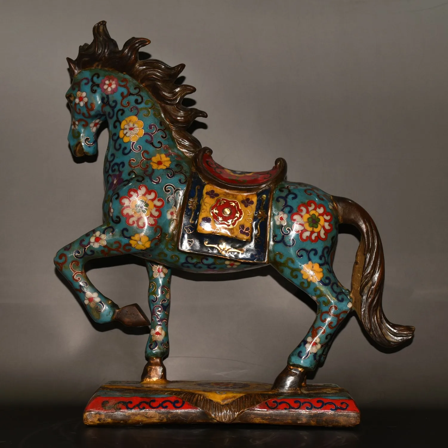 

14"Tibetan Temple Collection Bronze Cloisonne Enamel Flower texture Tang Ma Horse Statue Base Amass wealth Ornaments Town house