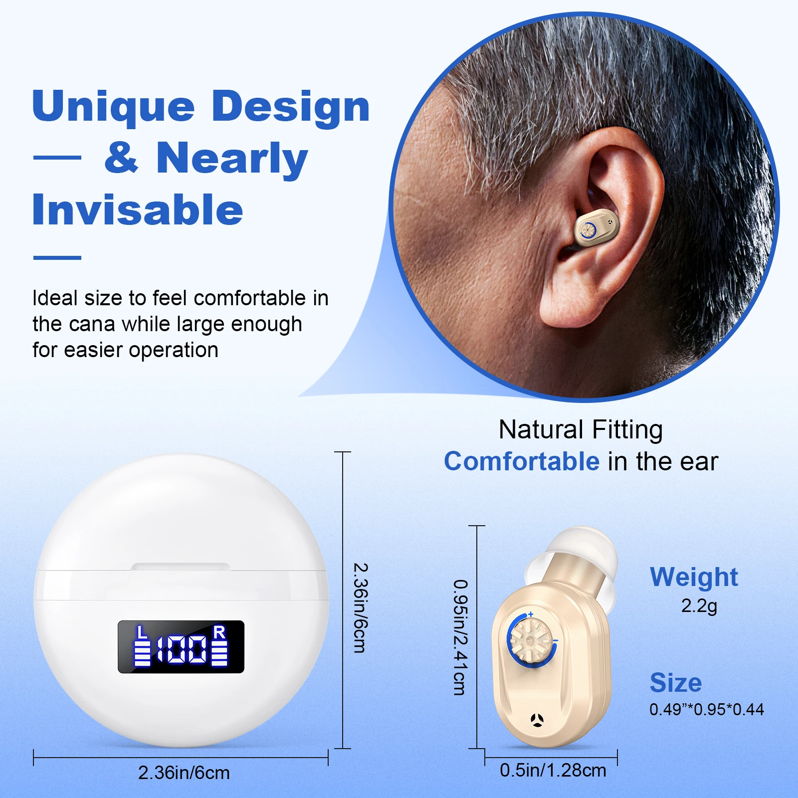 Digital Elderly Noise Reduction Hearing Aid, Rechargeable CIC Hearing Amplifier with Charging Case 2