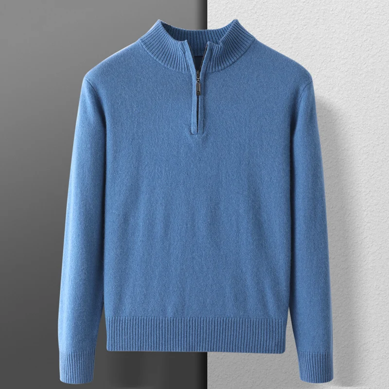 100% Goat Cashmere Men Mock-neck Sweater Zipper Pullovers Autumn Winter Thick Classical Solid Loose Knitwear Korean Men Clothes 3