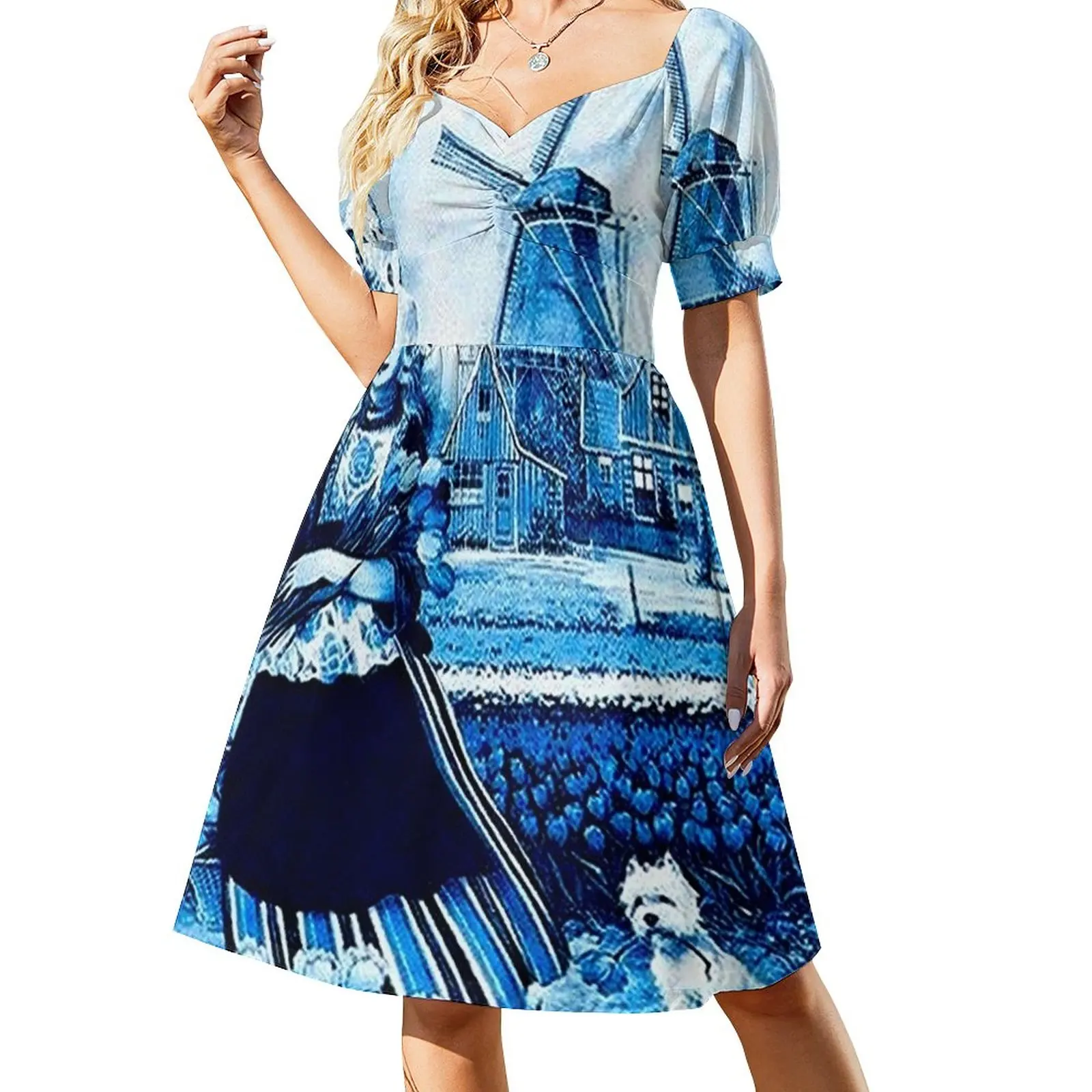 

DUTCH BLUE DELFT : Vintage Windmill, Young Girl, Dog and tulips Print Sleeveless Dress dresses for women Female clothing