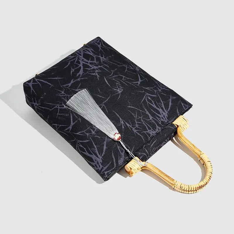 Retro Bamboo Pattern Beige Handbag Women Bamboo Handle Cheongsam Dress Large Capacity Banquet Bag Ladies Elegant Premium Purse