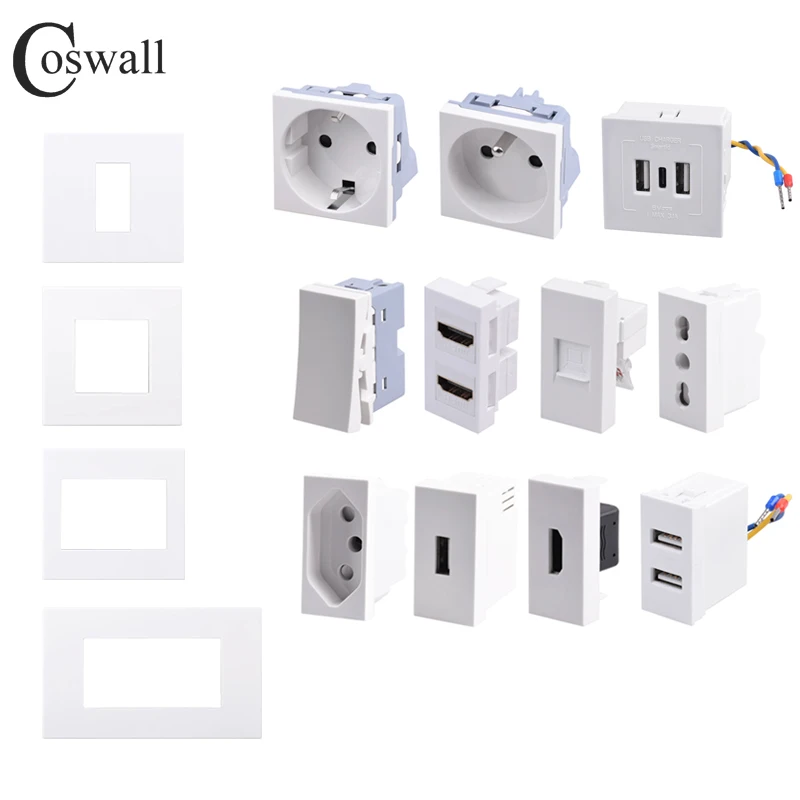 COSWALL Wall Socket Module EU Brasil Chile, satellite TV CAT6 internet jack HDMI compatible 2.0 USB 3.0 Type C charger connector DIY