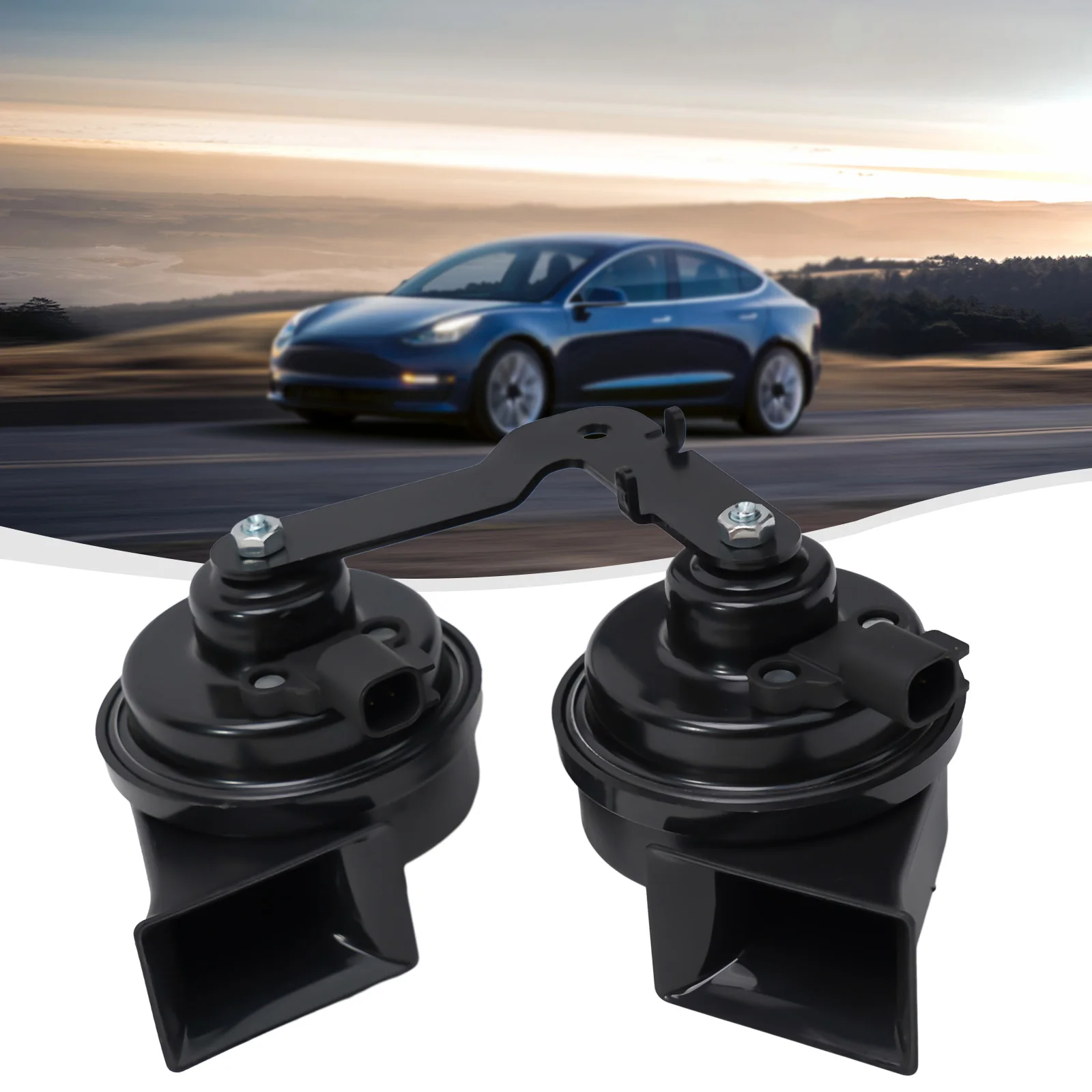 

2*Air-Electric Super Loud Snail Horn Double Whistle Sound Set For Tesla Model 3 1109660-00-A# Black ABS Electric Vehicle Part