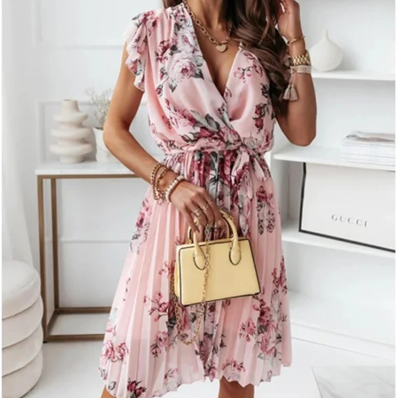 Women's New Summer Dress with Ruffles, Short Sleeved V-neck, Mid Length Skirt with Fluttering Sleeves and Waist Pleated Dress casual sexy dress 2021 fashion new summer women s floral v neck loose waist short sleeved split temperament mid length skirt