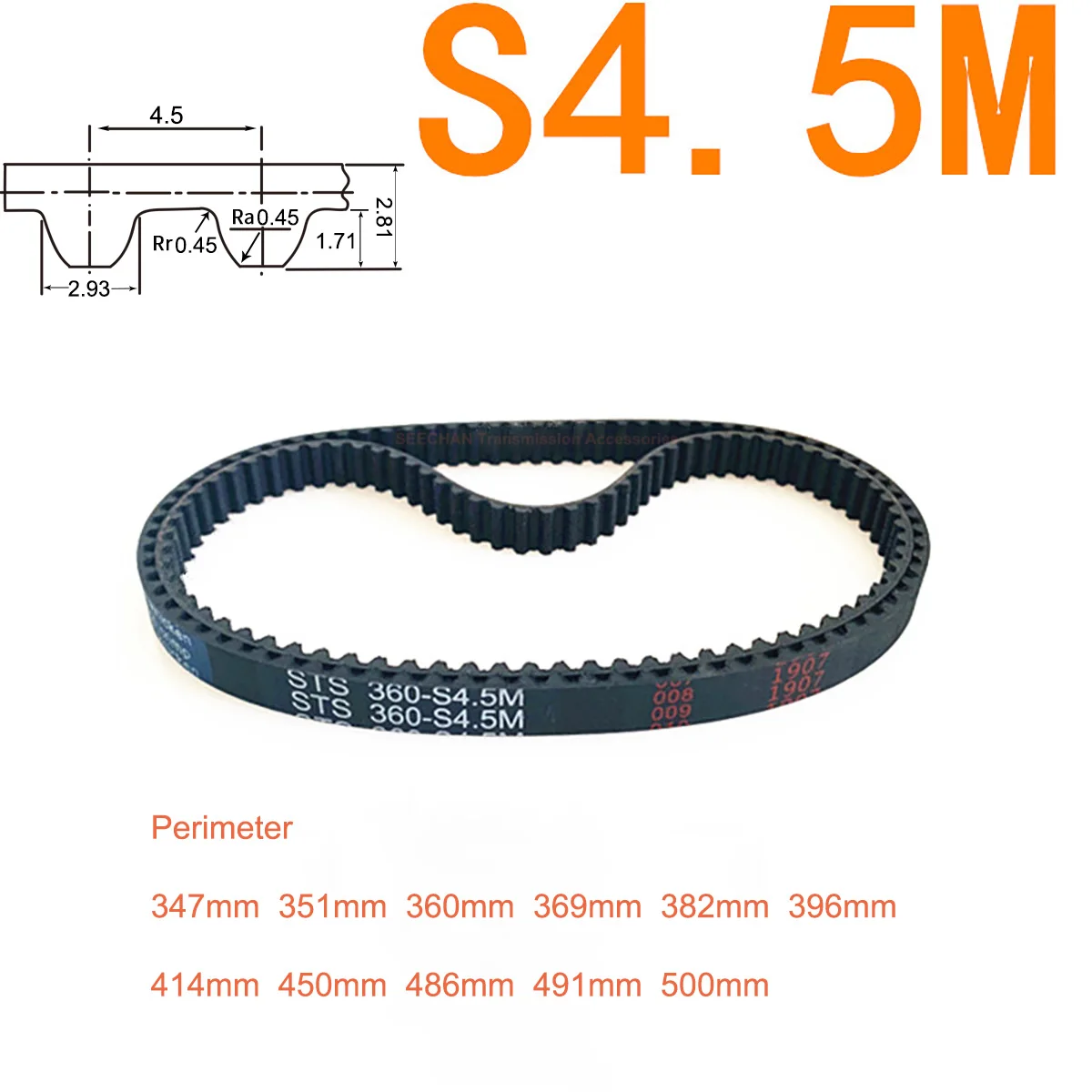 

S4.5M Closed-loop Rubber Timing Belt 347 351 360 369 382 396 414 450 486 491 500mm Width 10/15/20/25/30/40mm Teeth Pitch 4.5mm