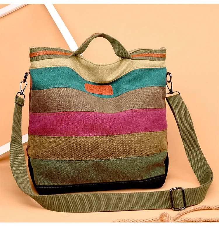 Modische Damen-Umhängetasche, Regenbogen-Streifen, Patchwork-Umhängetasche, große Kapazität, Canvas-Damenhandtaschen, Geschenk – Detail 11