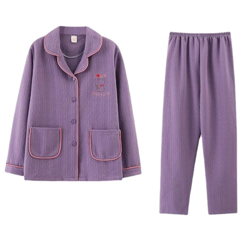 Autumn Winter Air Cotton Pajamas Women's Pure Cotton Thickened Loungewear Long Sleeve Middle Aged Sleepwear Thin Cotton Clip Set