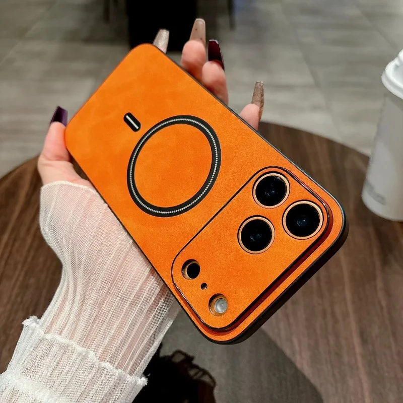 Wireless Charging Magnetic Cortex Leather Phone Case Shockproof Bumper Cover For iPhone 16 13 12 15 17ProMax 14Plus 14Pro