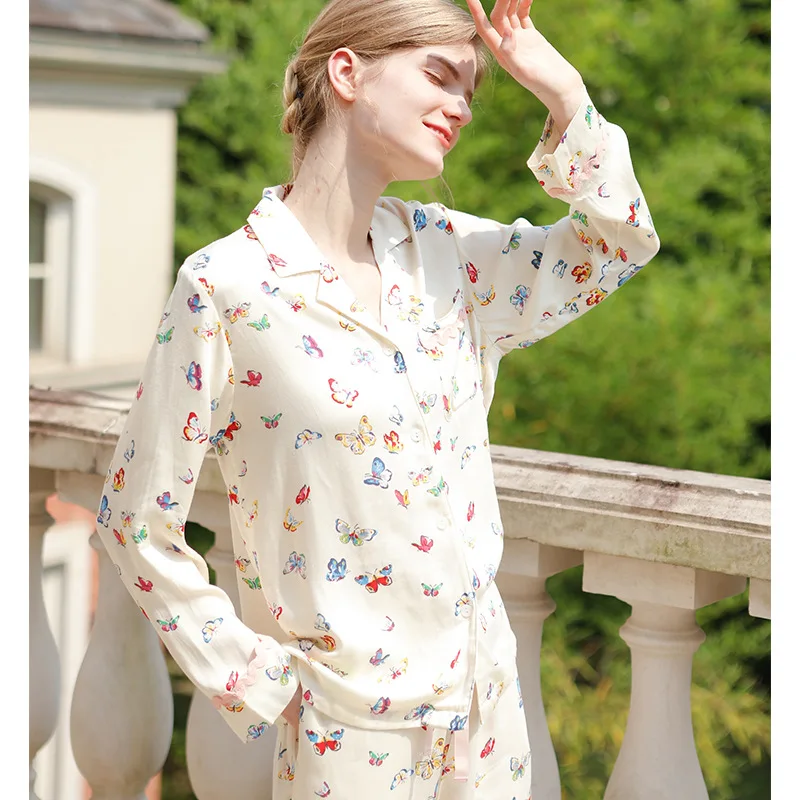 

2022 Pajamas Women New Sweet and Lovely Butterfly Long-sleeved Trousers Two-piece Set Viscose Luxury Clothes Thin Pijama Mujer