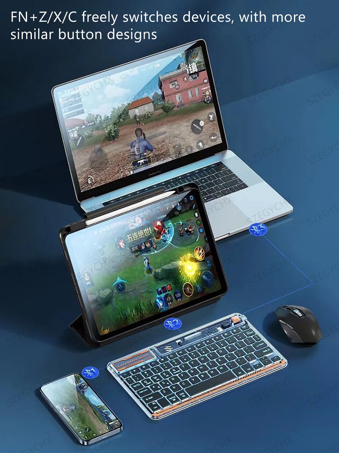 2023 크리스탈 백라이트 Teclado 블루투스 키보드, 아이패드, 안드로이드, 윈도우, iOS, 휴대폰 태블릿, 삼성, 화웨이용 무선 키보드