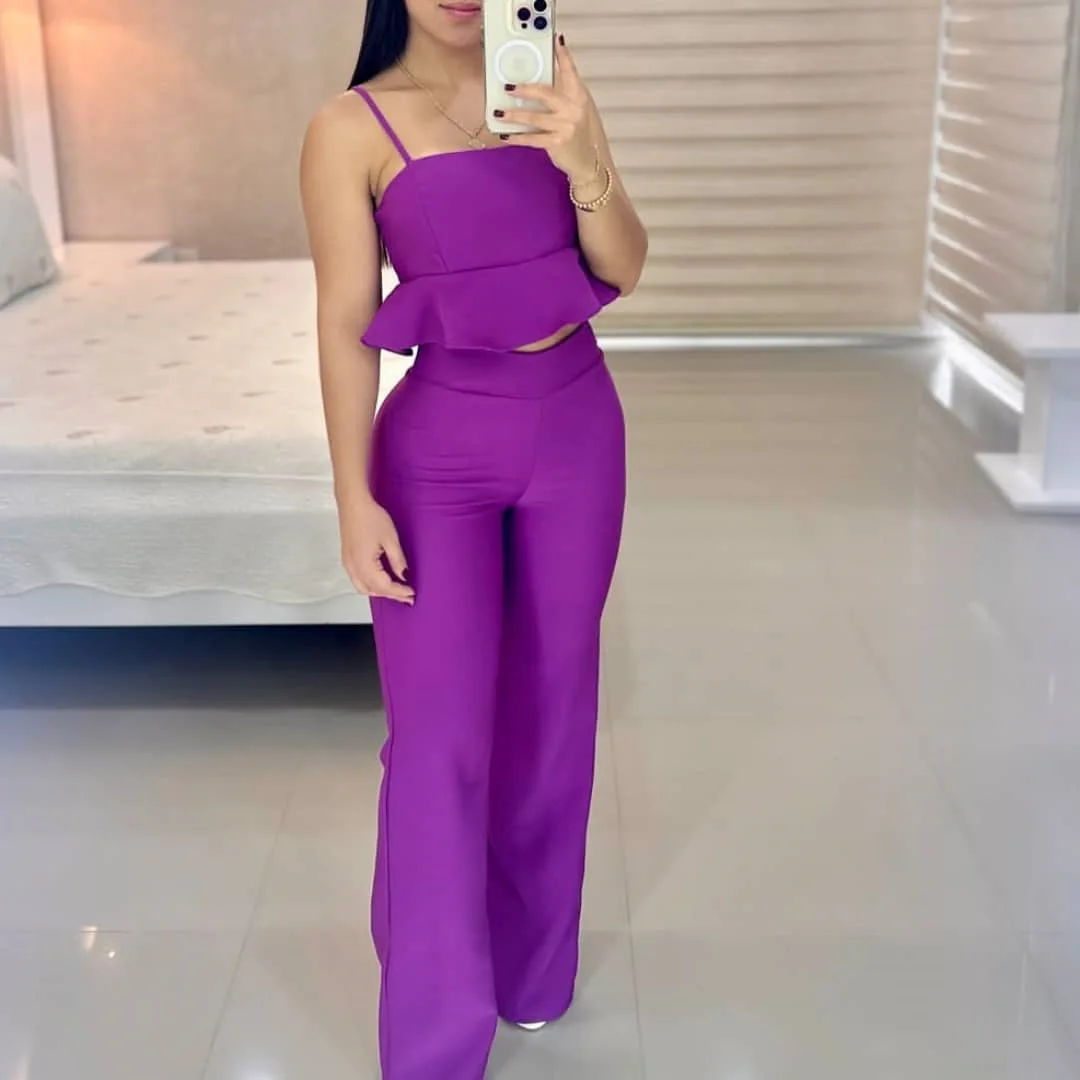 Streetwear Sleeveless 2 Piece Sets Womens Outfits Sexy Suspenders Bandeau Ruffles Tops Suit Summer High Waist Straight Pant Sets elegant purple mermaid pregnant women photo shoot robes puffy ruffles sleeveless maternity robes sexy spandex baby shower gowns