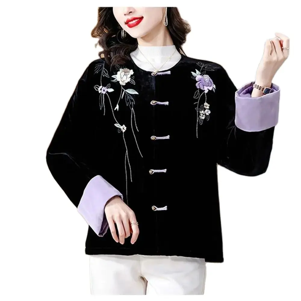 

2023 Winter New Cotton Clothing Embroidery Coat Retro Cotton-Padded Jacket Chinese Style M-4XL Wadded Overcoat Fashion