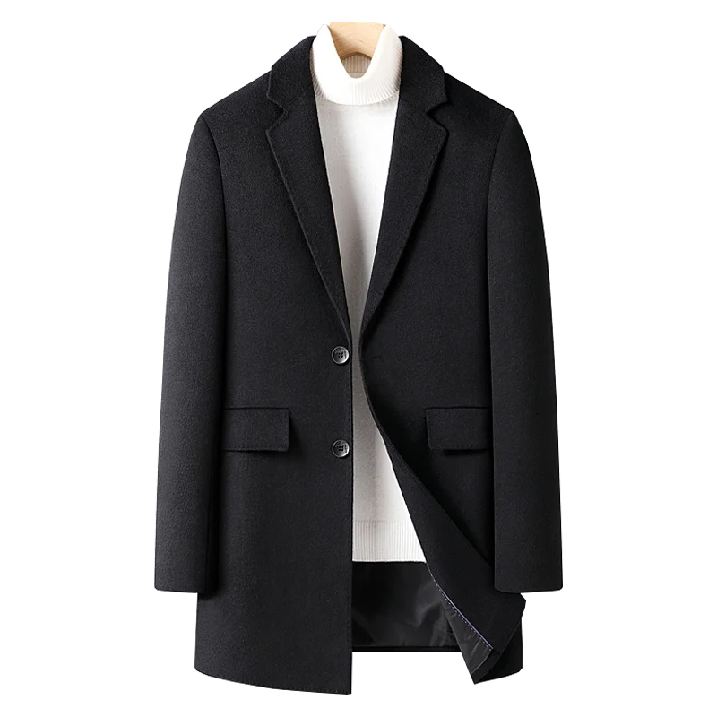High Quality Men's Autumn Winter Mid-Length Wool Coat Business Casual Black Color Windbreaker Top Woolen Jacket Outwear Overcoat