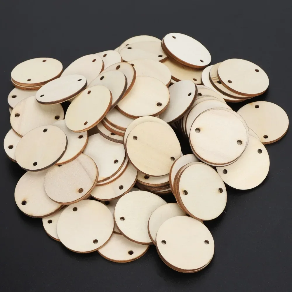 100개 나무 수제 DIY 미완성 원형 나무 조각 구멍 있는 나무 펜던트 3.5cm 원형 나무 조각 DIY 공예품