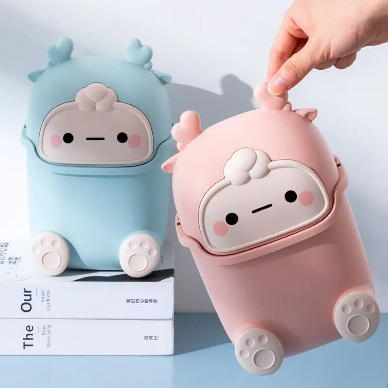 Cartoon Tabletop Trash Can Cute Trash Can with Lid Desktop Small Bedroom Home Easy To Clean Portable desktop trash can trash can