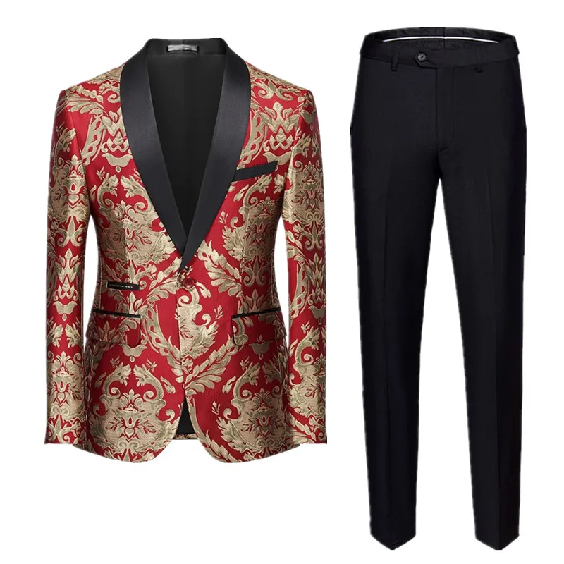 New Men Jacquard Suit 2 Piece Black / Blue / Red Fashion Men's Luxury Business Wedding Prom Party Dress Blazer Jacket and Pants