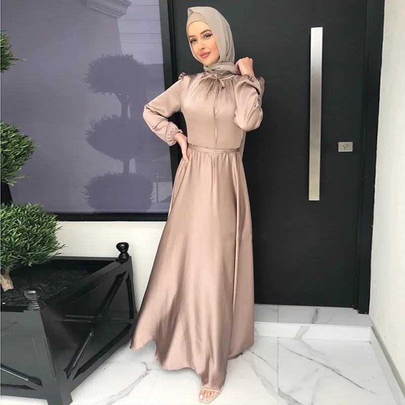Elegant Satin Long Dress Soft Waist Swing  modest dress for women  muslim dress  vestido largo mujer verano   vestidos